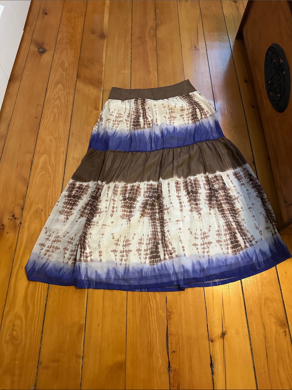 Promod Tiered Tie-Dye Maxi Skirt in Blue, Brown & White